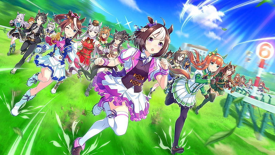 Uma Musume Pretty Derby Anime Girls Racing on a Vibrant Green Track HD wallpaper
