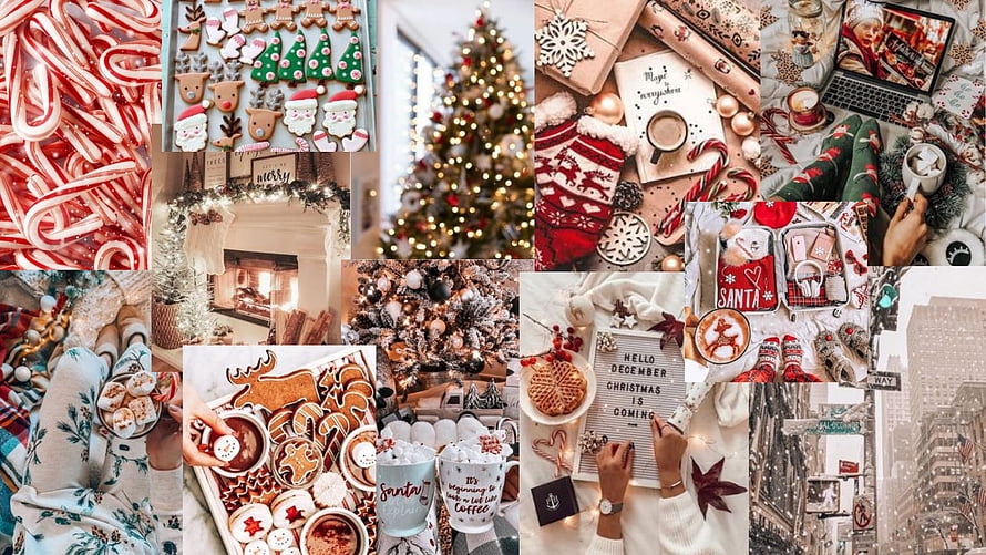 Cozy Christmas Holiday Collage Featuring Candy Canes, Gingerbread, and Festive Decor HD wallpaper
