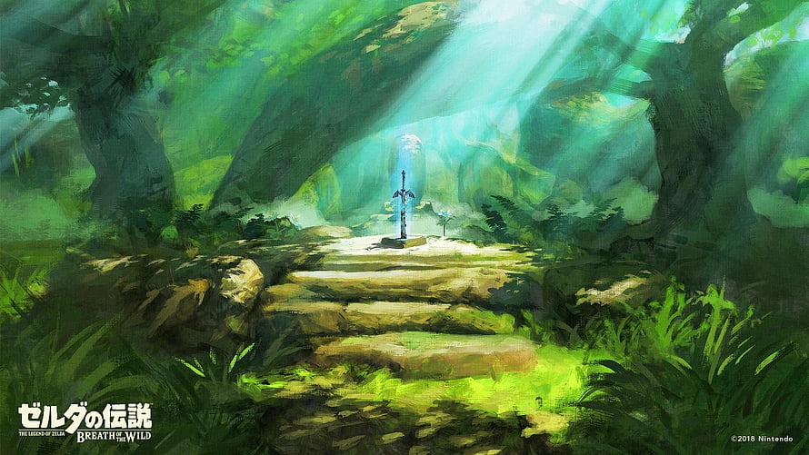 The Legend of Zelda Breath of the Wild Master Sword in Sunlit Forest Shrine HD wallpaper