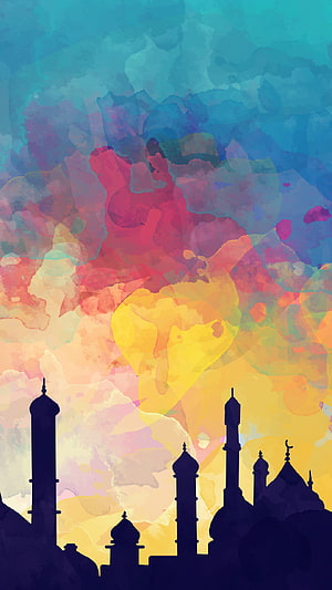 Watercolor Ramadan Skyline with Mosque Silhouettes and Vibrant Sunset Hues HD phone wallpaper