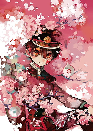 Hanako Kun anime character in school uniform surrounded by blooming cherry blossoms HD phone wallpaper