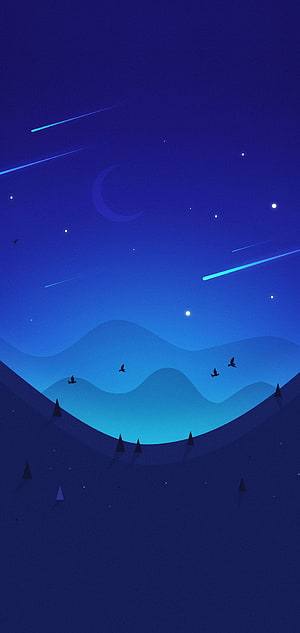 Minimalist Night Sky with Shooting Stars, Crescent Moon, and Mountain Silhouettes HD phone wallpaper