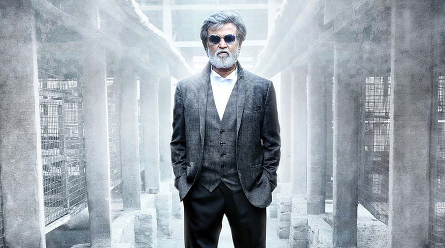 Rajinikanth in Kabali Movie Poster Wearing Grey Suit and Sunglasses in Industrial Setting HD wallpaper
