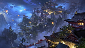 Mystical Japanese Mountain Castle at Night with Floating Sky Lanterns and Waterfalls HD wallpaper