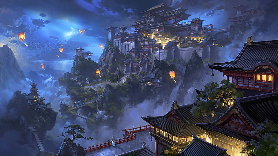 Mystical Japanese Mountain Castle at Night with Floating Sky Lanterns and Waterfalls HD wallpaper