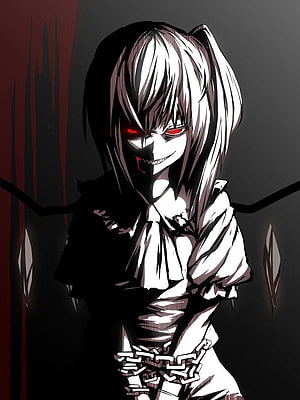 Dark Anime Girl with Red Eyes and Psycho Smile in Gothic Dress HD phone wallpaper