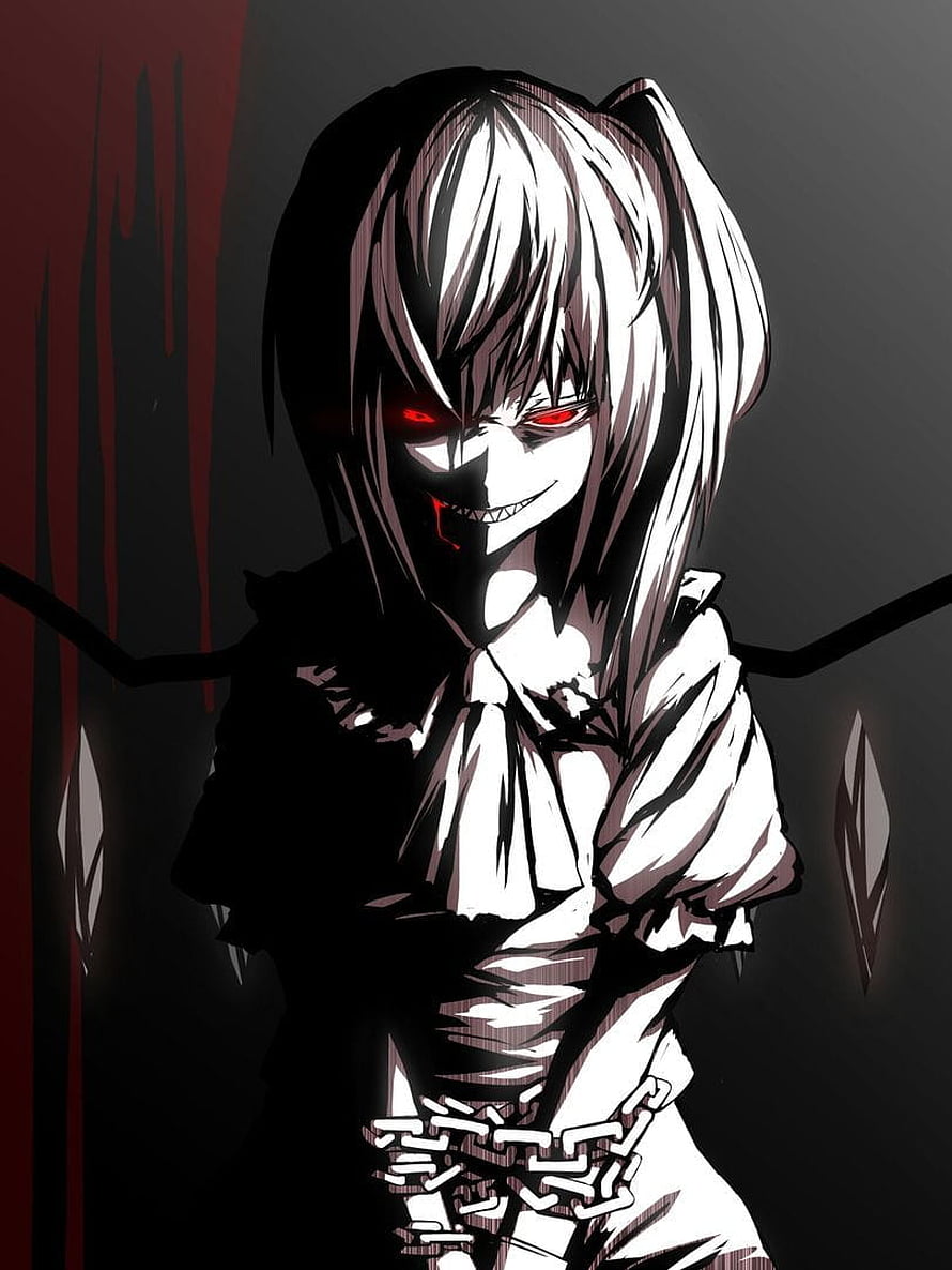 Dark Anime Girl with Red Eyes and Psycho Smile in Gothic Dress HD phone wallpaper