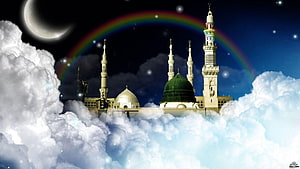 Prophets Mosque in Madinah Above Clouds with Crescent Moon and Rainbow HD wallpaper