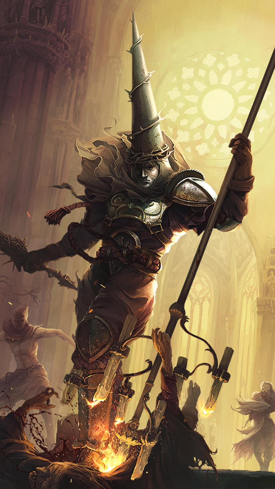 Blasphemous Game Artwork: The Penitent One in a Gothic Cathedral HD phone wallpaper