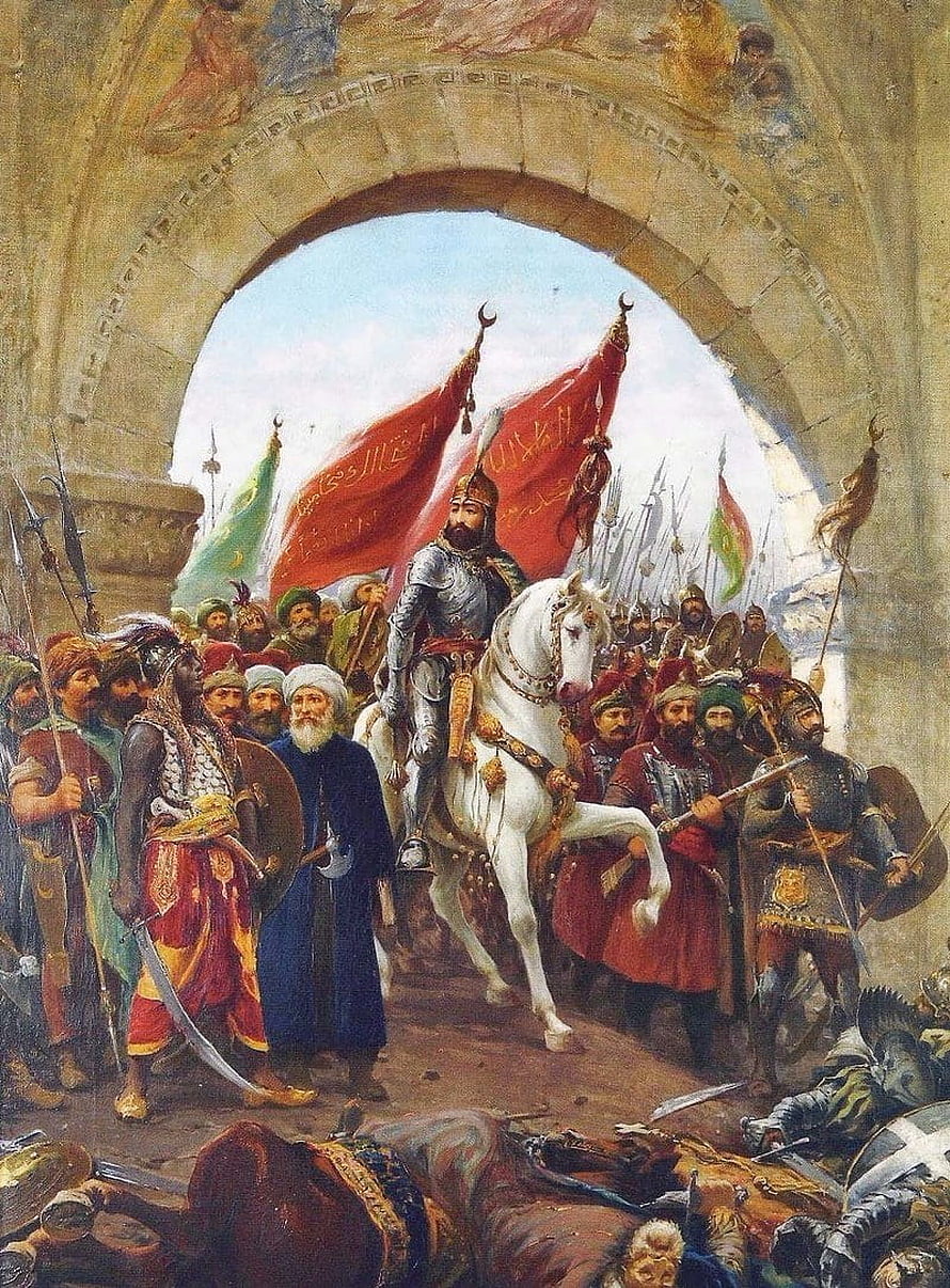 Sultan Mehmed the Conqueror on White Horse Entering Istanbul Through a Stone Archway HD phone wallpaper