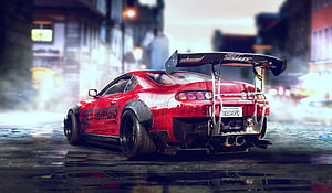 Red Toyota Supra MK4 with Speedhunters Livery and Large Rear Wing on Wet City Street HD wallpaper