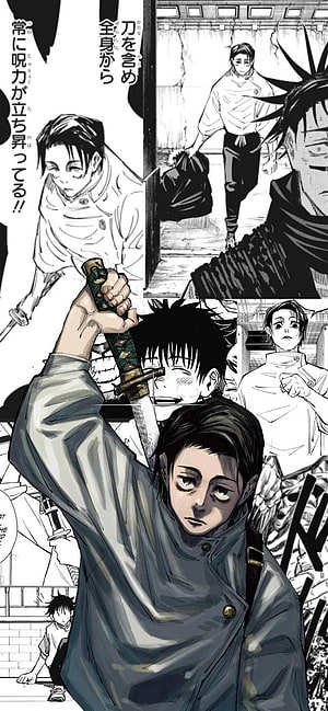 Maki Zenin Wielding Sword in Jujutsu Kaisen Manga Panel Collage HD phone wallpaper