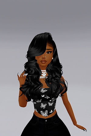 Imvu Avatar Girl With Long Black Wavy Hair And Butterfly Top HD phone wallpaper