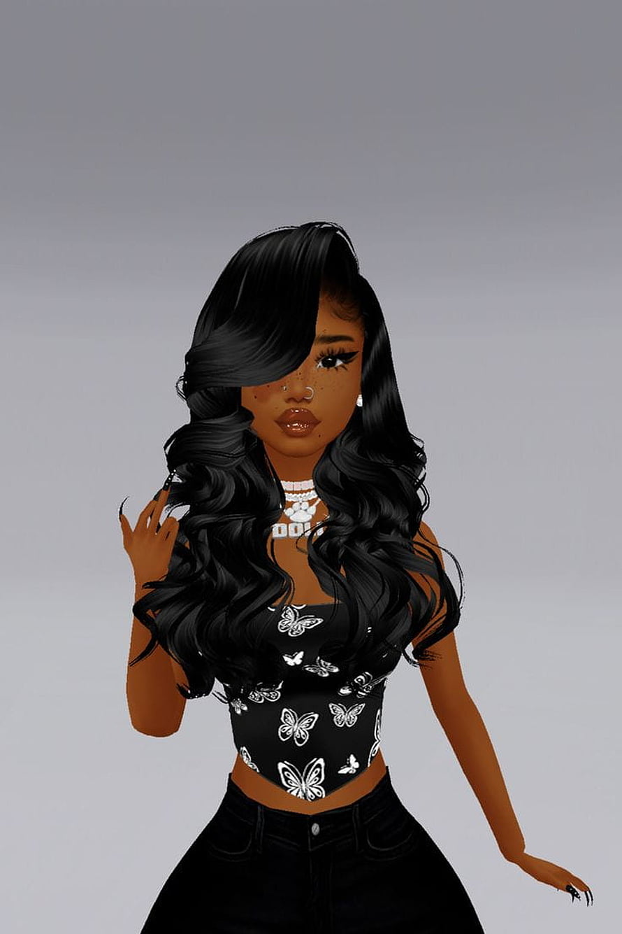 Imvu Avatar Girl With Long Black Wavy Hair And Butterfly Top HD phone wallpaper