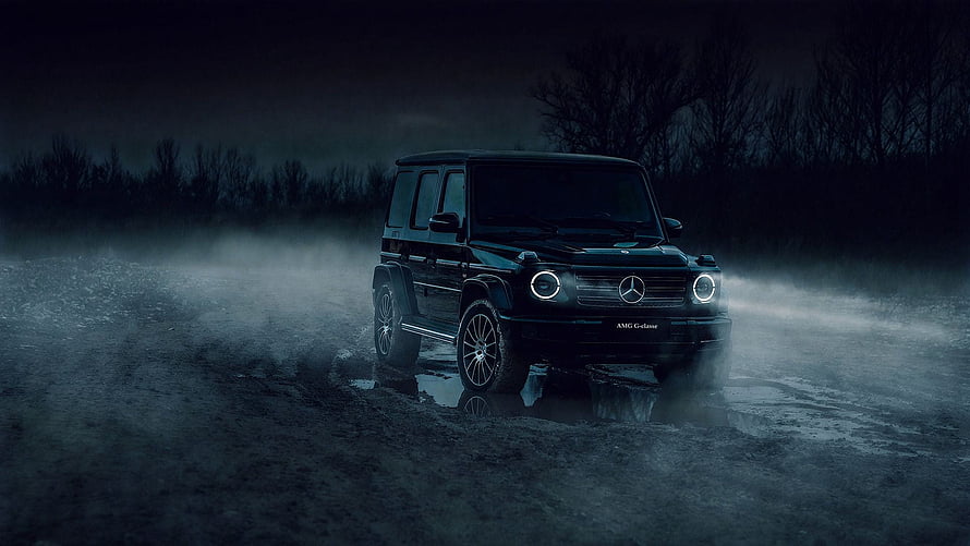 Mercedes-AMG G-Class SUV in Foggy Night Landscape with Dramatic Lighting HD wallpaper