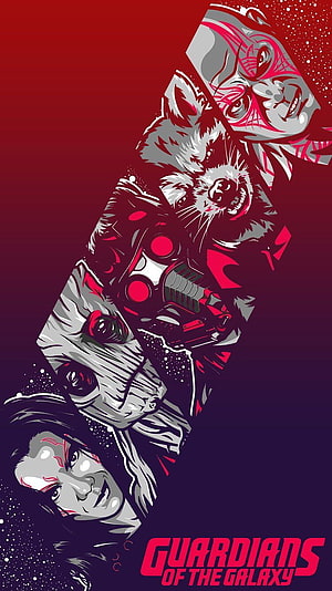 Guardians of the Galaxy stylized character lineup poster with red and purple cosmic gradient background HD phone wallpaper
