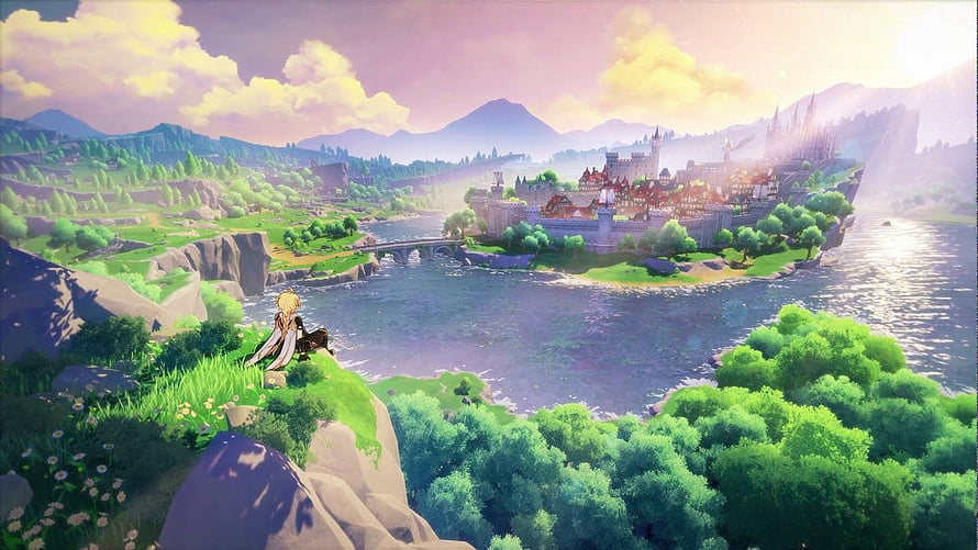 Genshin Impact Teyvat Landscape with Character on Cliffside Overlooking Castle and River HD wallpaper