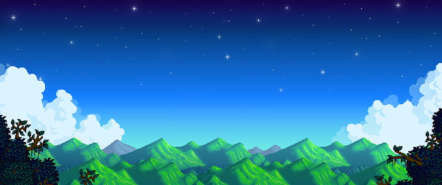 Stardew Valley Pixel Art Night Sky Over Green Mountain Range Landscape HD wallpaper