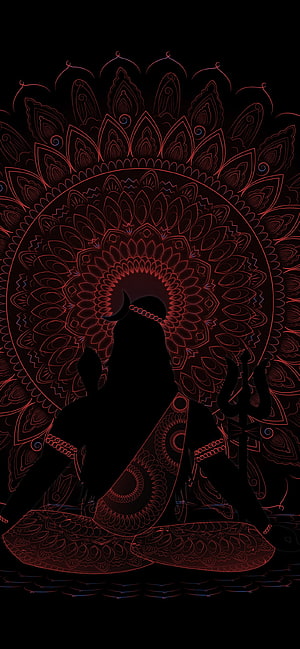 Lord Shiva Silhouette with Trishul and Mandala Halo in Red Neon Line Art on Black Background HD phone wallpaper