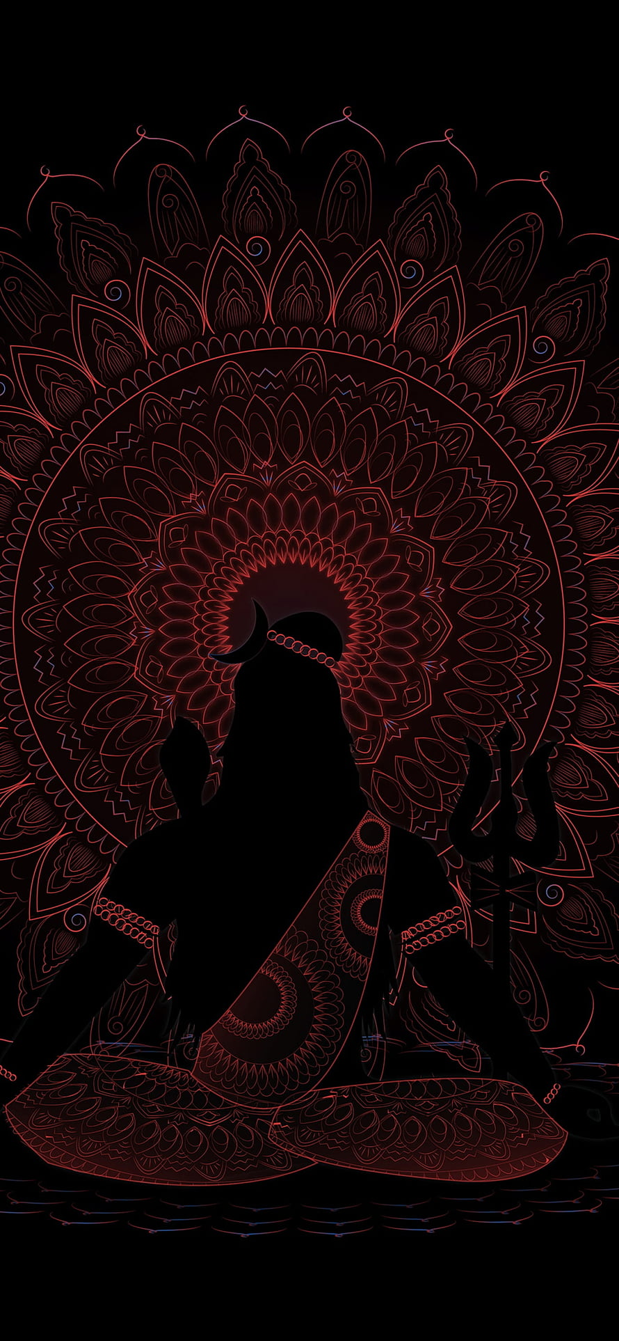 Lord Shiva Silhouette with Trishul and Mandala Halo in Red Neon Line Art on Black Background HD phone wallpaper
