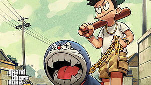 Doraemon and Nobita in Grand Theft Auto Zero Style Anime Illustration HD wallpaper