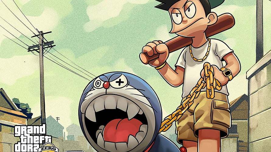 Doraemon and Nobita in Grand Theft Auto Zero Style Anime Illustration HD wallpaper