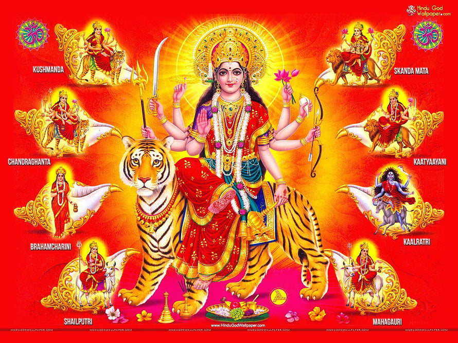 Nav Durga Maa with Nine Forms of Goddess Durga Riding a Tiger HD wallpaper