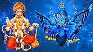 Shani Dev and Garuda Divine Deities on Starry Blue Background HD wallpaper