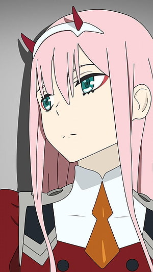Zero Two from Darling in the Franxx in a red uniform with a serious expression HD phone wallpaper