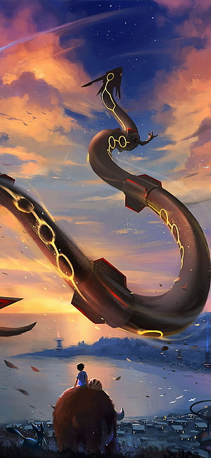 Rayquaza Soaring Over a Coastal City at Sunset with a Boy and His Companion Watching from a Hilltop HD phone wallpaper