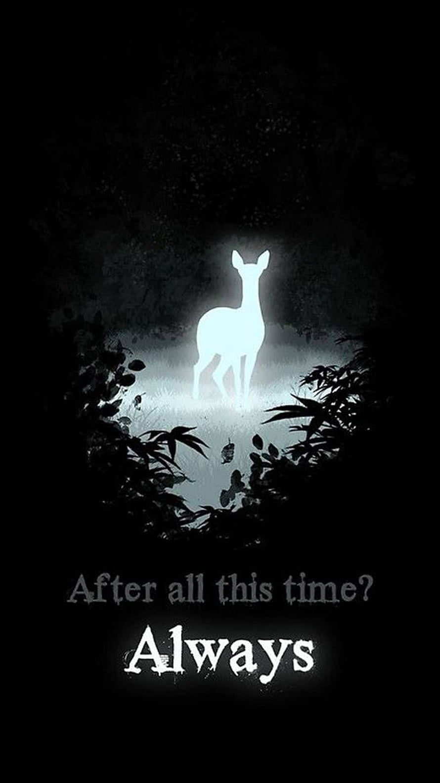 Harry Potter Always Quote with Glowing Deer Silhouette in Dark Forest HD phone wallpaper