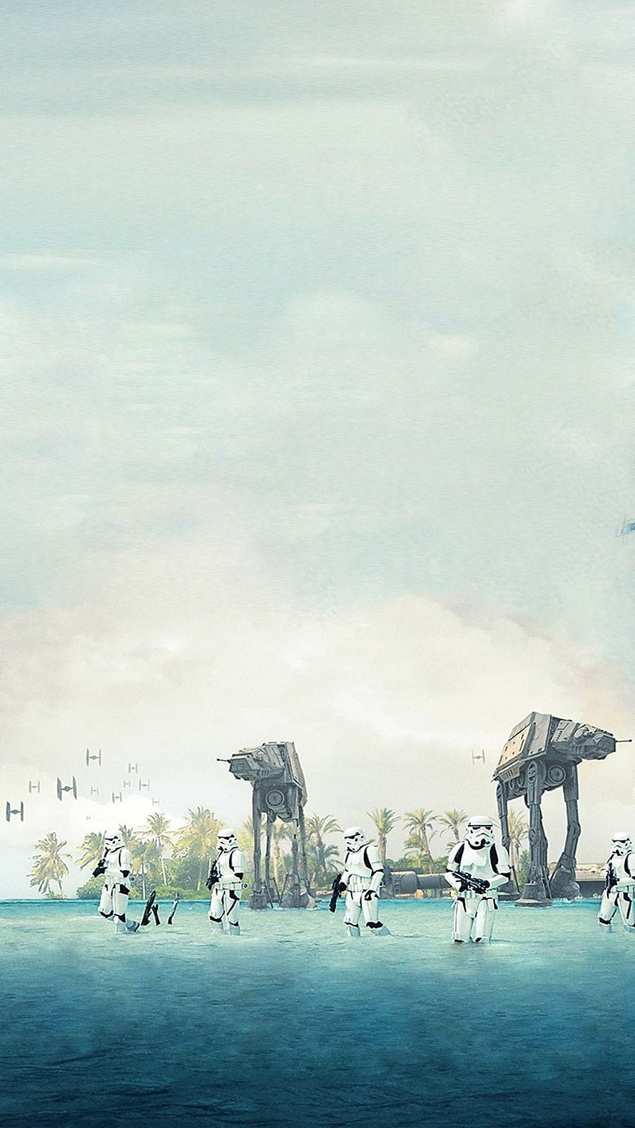 Star Wars Stormtroopers and AT-AT Walkers on a Tropical Beach with TIE Fighters in the Sky HD phone wallpaper