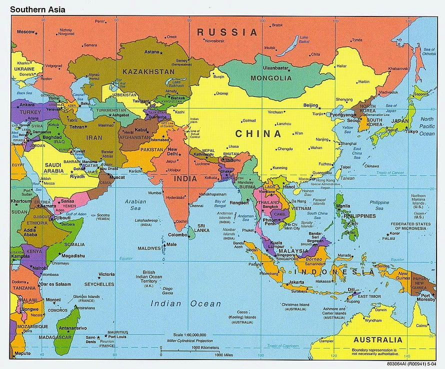 Detailed Political Map of Southern Asia and Southeast Asia with Country Borders HD wallpaper