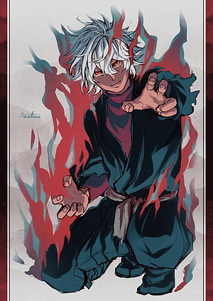 Jigokuraku Anime Character with White Hair and Red Flames in Dark Robe HD phone wallpaper