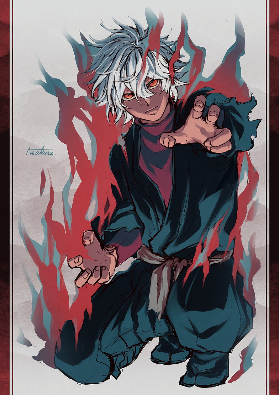 Jigokuraku Anime Character with White Hair and Red Flames in Dark Robe HD phone wallpaper