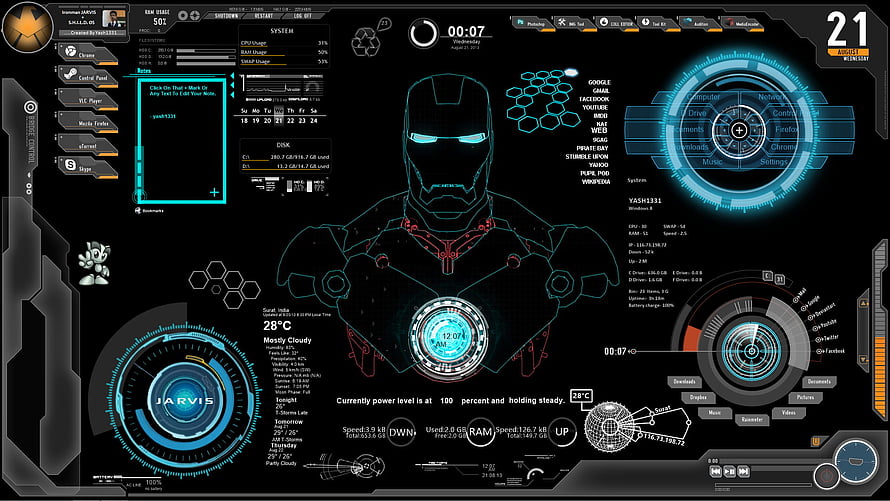 Iron Man JARVIS Futuristic HUD Interface with Cyan Wireframe Armor and System Dashboard HD wallpaper