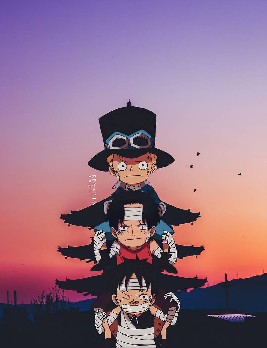 One Piece: Luffy, Ace, and Sabo Stacked at Sunset HD phone wallpaper