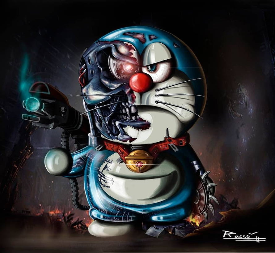 Doraemon Dark Cyberpunk Artwork with Mechanical Exoskeleton and Glowing Weapon HD wallpaper