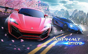 Asphalt Nitro Racing Game Artwork Featuring Red and Blue Supercars on a Mountain Road HD wallpaper
