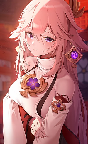 Yae Miko Anime Character Portrait with White Hair and Purple Eyes HD phone wallpaper