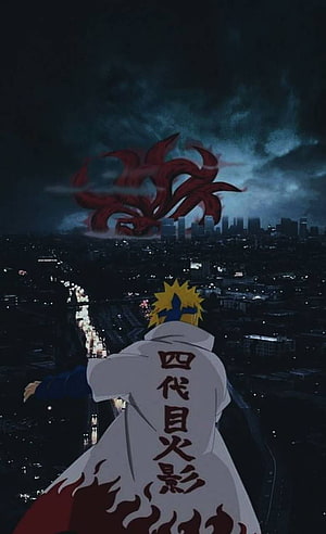 Minato Namikaze in Hokage Cloak Overlooking Night City with Nine-Tails Shadow HD phone wallpaper