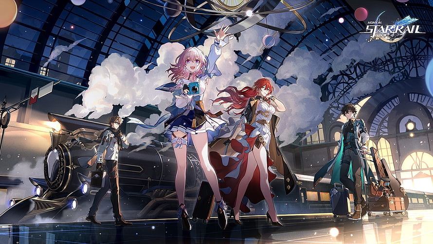 Honkai Star Rail Traveler Group Artwork in Grand Station Hall HD wallpaper