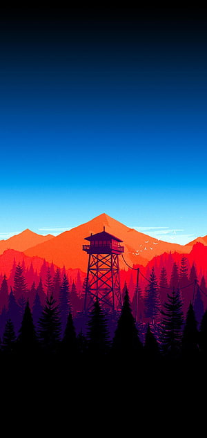 Firewatch Watchtower Silhouette Against Vibrant Mountain Sunset Landscape HD phone wallpaper
