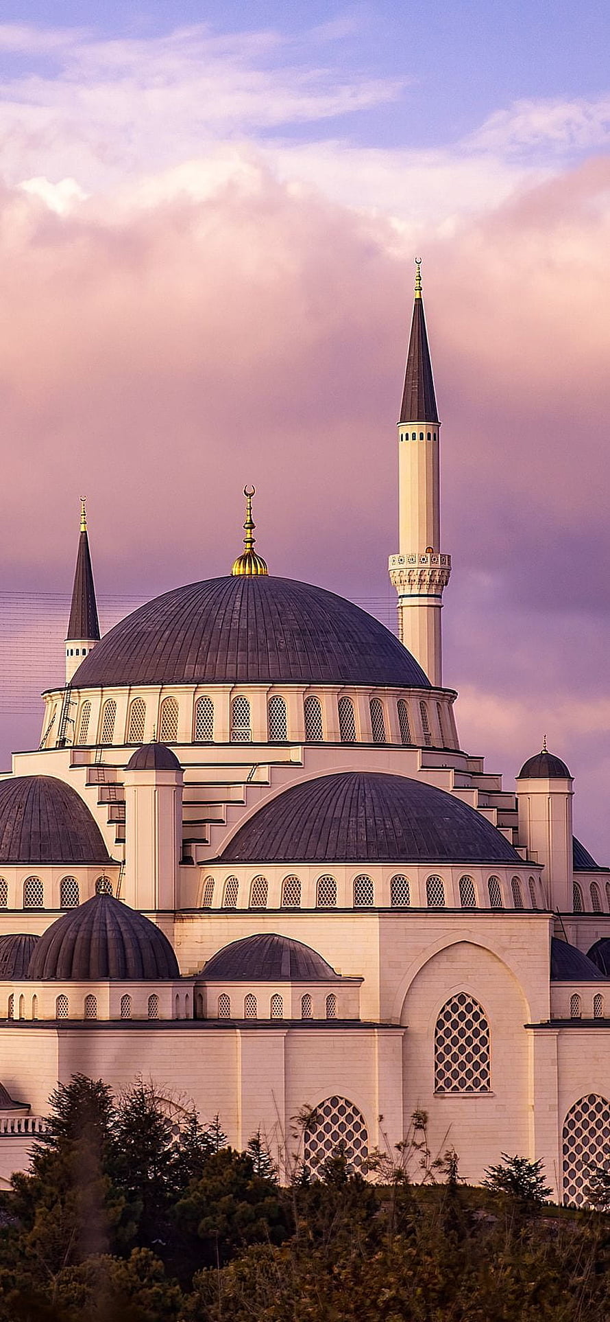 Grand Mosque with Minarets and Domes Under a Pink Sunset Sky HD phone wallpaper