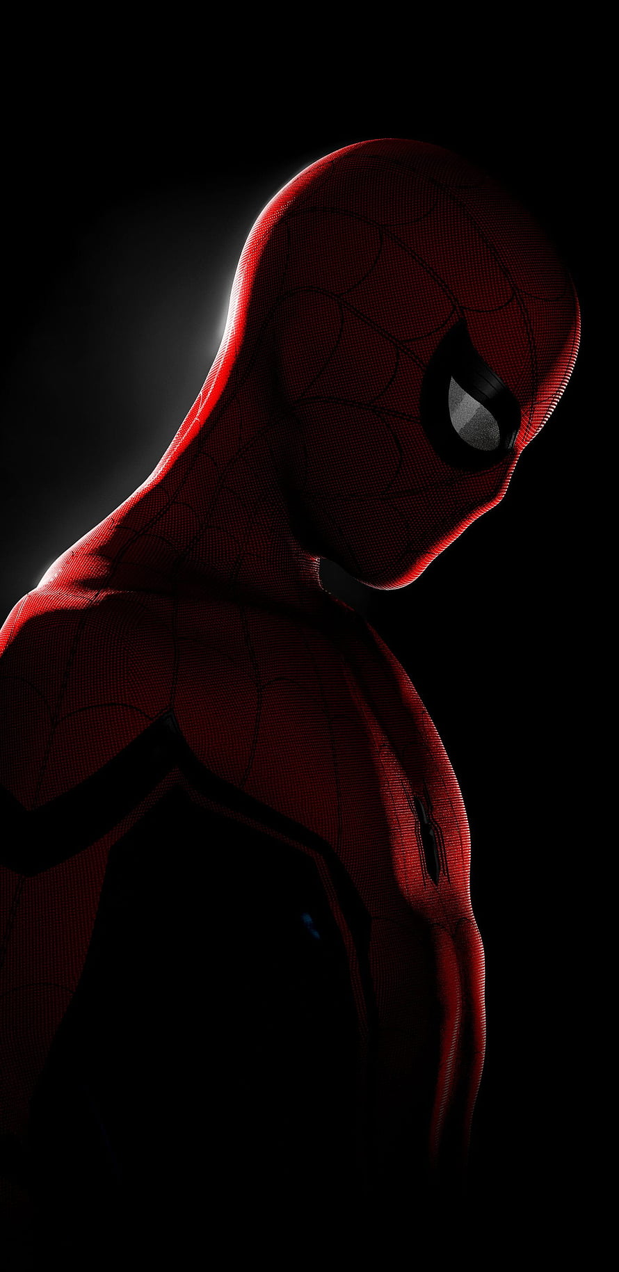 Spider-Man in a Dark Red Suit with Dramatic Rim Lighting Against a Black Background HD phone wallpaper