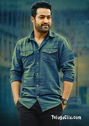 JR NTR in a blue denim shirt with a confident pose and short beard HD phone wallpaper