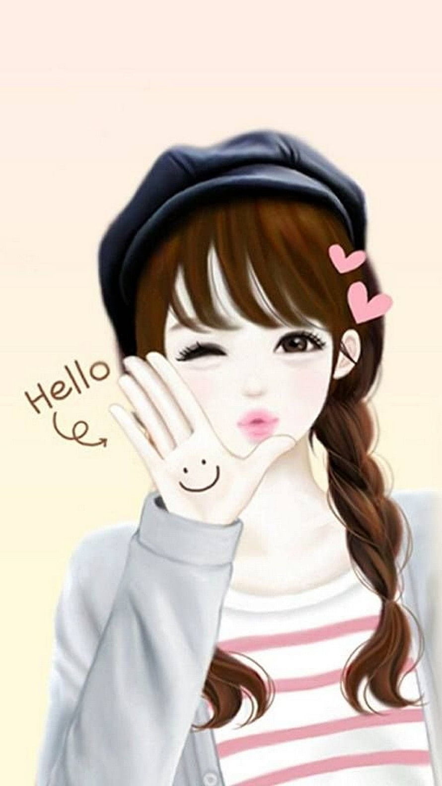 Cute Cartoon Girl Waving Hello with Beret and Braid HD phone wallpaper
