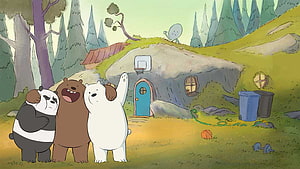 We Bare Bears cartoon trio standing in front of their forest cave home with basketball hoop HD wallpaper