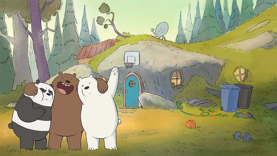We Bare Bears cartoon trio standing in front of their forest cave home with basketball hoop HD wallpaper