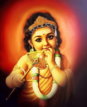Murugan Devotional Portrait with Vel and Garland Against Warm Red Background HD phone wallpaper